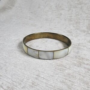 Vintage Brass Bangle Bracelet Inlaid With Iridescent White/Cream Mother of Pearl